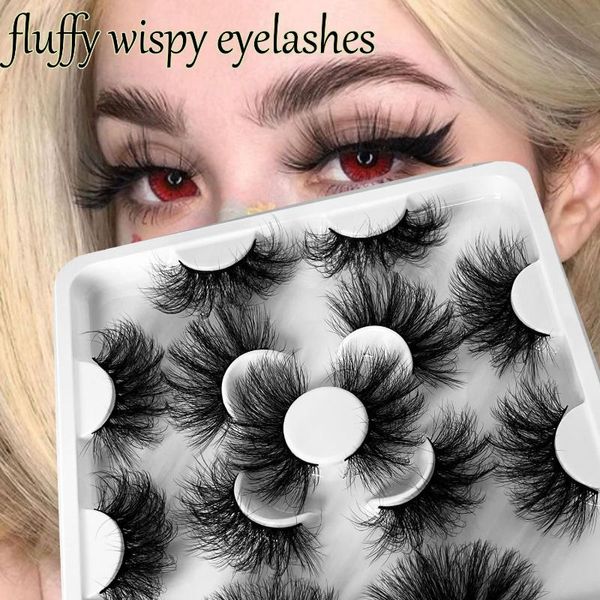Cílios Falsos 7 Pares 20 ~ 25mm 3D Faux Mink Handmade Wispy Long Fluffy Lashes Fina Faixa Extensão Grandes Olhos Maquiagem Ferramentas