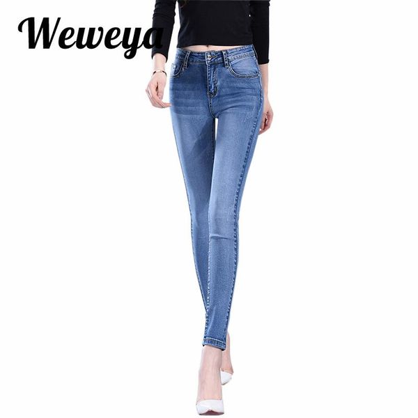 

weweya women elastic high waist jeans skinny stretch female casual denim pencil pants slim black women's, Blue