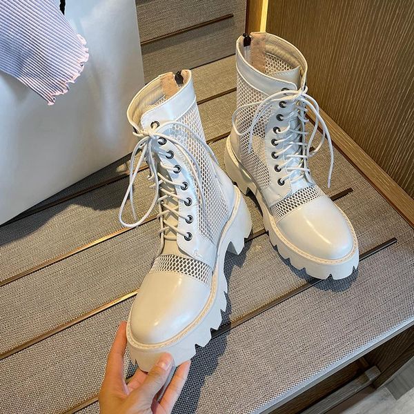 

boots cow leather short net women platform thick heels summer ankle cutouts lace up high heel lady black white shoes