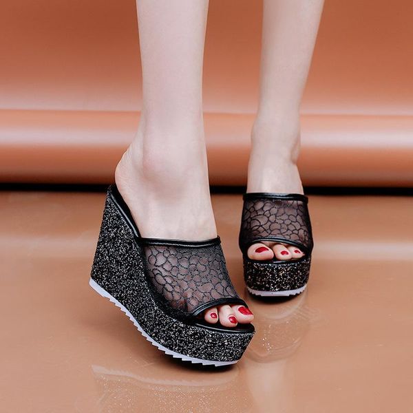 

slippers 11cm high wedge women sandals heels platform shoes woman flip flops beach ladies slides, Black