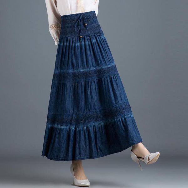 

skirts loose casual jeans women's denim maxi skirt elastic high waist party solid 2021 long summer pleated jupes femininas, Black