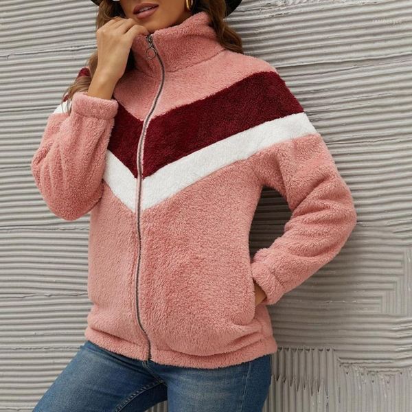 

women's wool & blends 2021 winter sweatshirts women coat contrast colors stripe warm cardigan v shape plush turn-down collar lady hoodi, Black