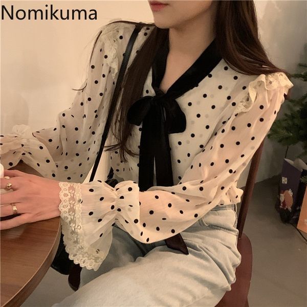 

nomikuma korean dot women elegant blouse bow tie collar puff sleeve shirt causal spring new blusas mujer de moda 6e873 210427, White
