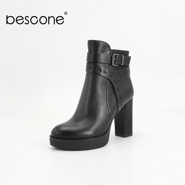 

boots bescone women ankle sheepskin round toe square heel shoes fashion metal decoration zipper ladies l7, Black