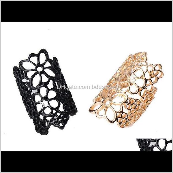 Band Women Fashion Hollow Alloy Finger Rings Rose Flower Opening Wide Cuff Style Punk Black Gold Colors Ring Jewelry Drop Delivery 2021 Eaqs