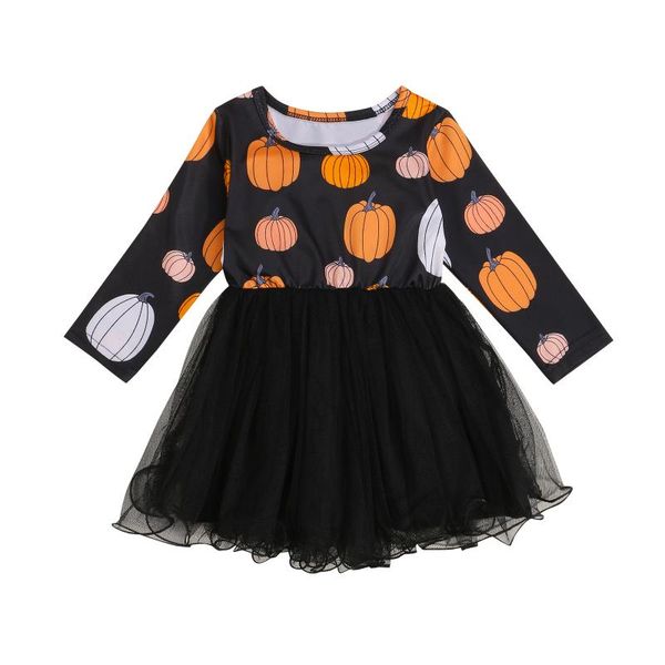 

girl's dresses kids dress, halloween cartoon pumpkin print round neck long sleeve gown for summer fall, 6 month-4 years, Red;yellow