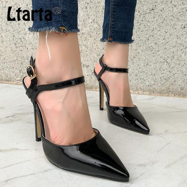 

dress shoes ltarta 2021 summer pointed toe shallow patent leather high-heeled thin heeled hollow a- line with women's sandals cwf, Black
