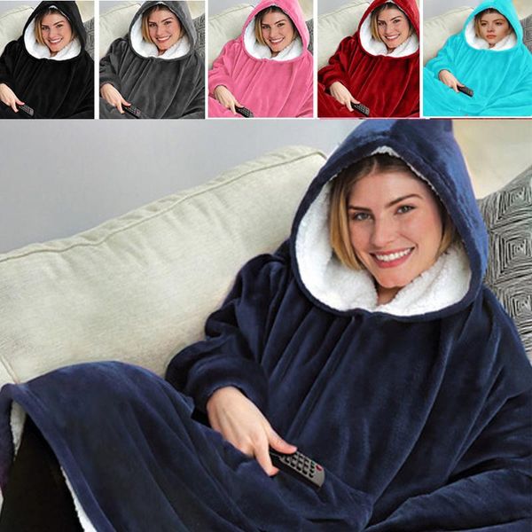 

blankets winterx warm sherpa thick ultra plush pocket hooded blanket bathrobe sofa sweatshirt fleece sleeve outwears for adult