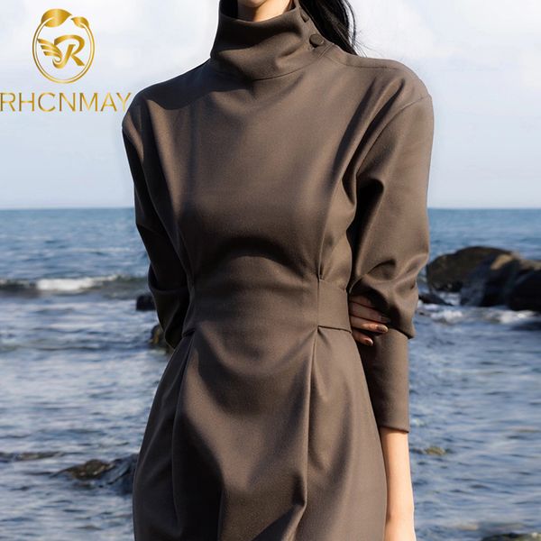 

korean 2021 women spring high waist with belt stand collar long dress elegant solid party dress vintage female clothesswimwear bathing suits, Black;gray
