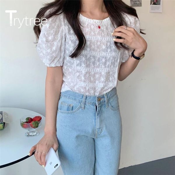 

women's blouses & shirts trytree 2021 summer woman casual blouse o-neck puff sleeve loose back bandage temperament all-purpose style to, White