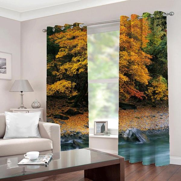 

curtain & drapes modern simple yellow woods landscape stream water scenery window for living room bedroom blackout home decor