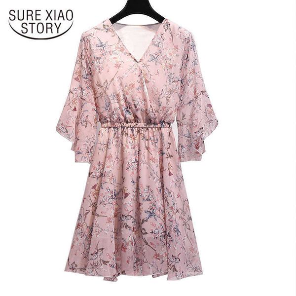 

fashion v-collar chiffon knee dress summer bohemian casual flowers soft loose waist women dress 4775 50 210527, Black;gray