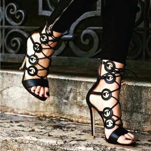 

sandalias mujer woman shoes summer lace up high heels sandals gladiator cross strappy stiletto peep toe black pumps ladies dress