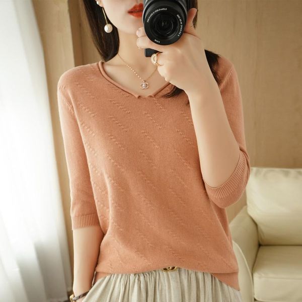 

women's sweaters spring and summer woman sweater 100% pure cotton v-neck half sleeve pullover slim knit bottoming coat, White;black