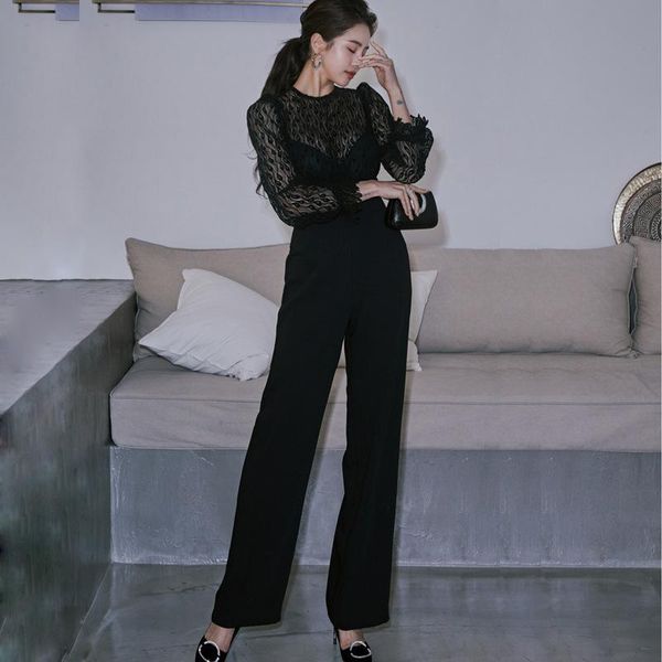 

gym clothing arrival fashion spring jumpsuit women ol temperament perspective lace stitching black slim straight long, White;black