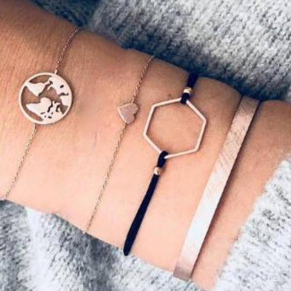 

link, chain 4 pcs/ set multilayer small heart hollow earth geometric bracelets link rope gold for women jewelry, Black