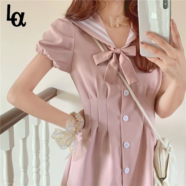 

japanese kawaii pink slim dress female vintage sweet cute bow tied short sleeve solid holiday women summer 210519, Black;gray