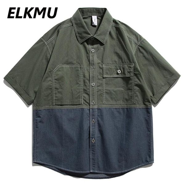 

men's casual shirts elkmu summer short sleeve shirt men streetwear patchwork color block pocket design hip hop male hm487, White;black