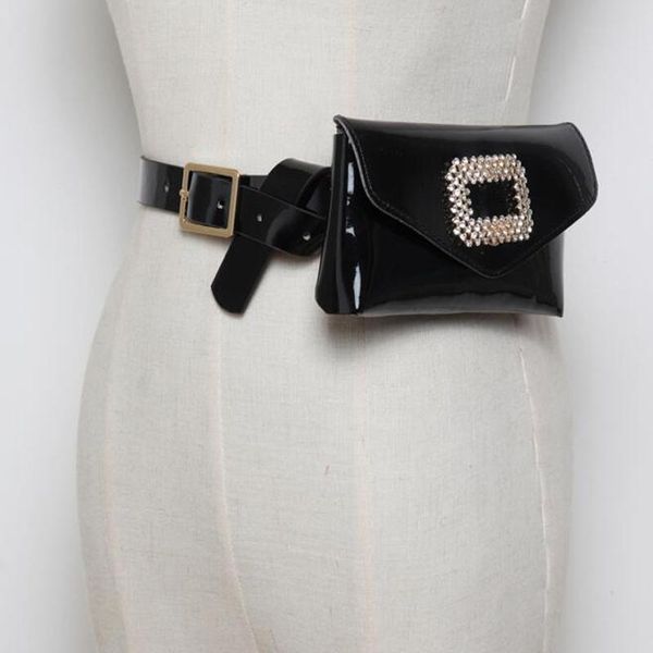 

belts women waist patent leather bag adjustable pu belt for female girl travel vintage pouch bling crystal straps accessory, Black;brown