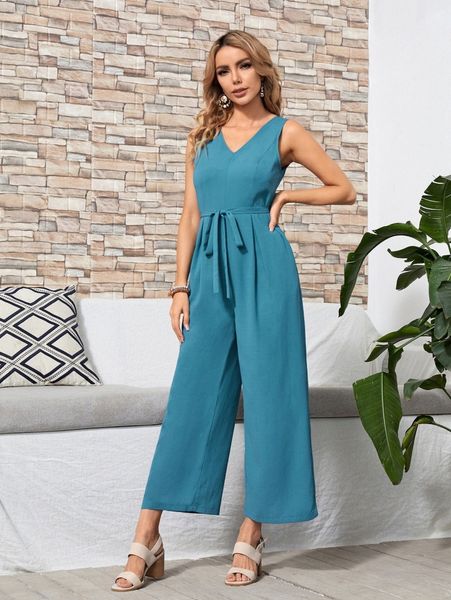 

emery rose wide leg belted tank jumpsuit m50y#, White