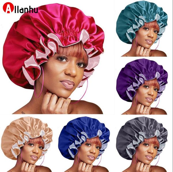 NOVO! Mulheres Tamanho grande Tampão Imprimir Cetim Silk Bonnet Novo Extra Grande Cetim Alinhado Bonnet Sleep Night Cap Cabeça Capa Capa Chapéu