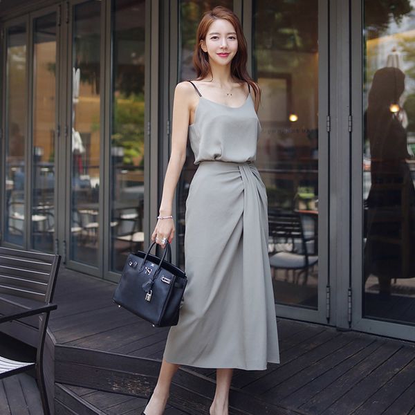 

skirts women summer elegant 2 pieces v-neck strap tank + bodycon split skirt set female office ladies two-pieces suits, Black