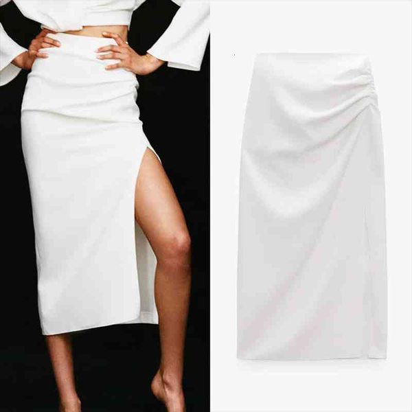 

za women ruched skirts summer white long skirt women high waist pencil skirt basic elegant slit fashion midi skirts, Black