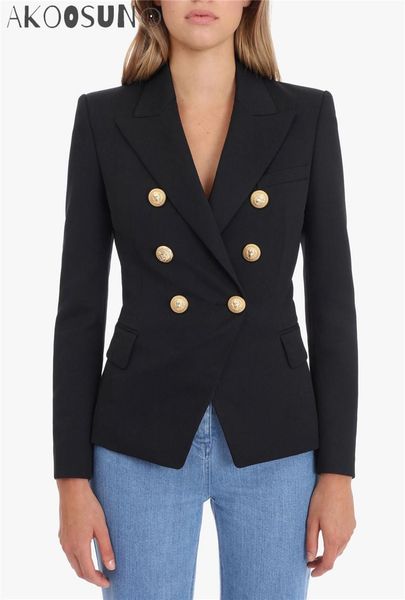 

women's suits & blazers black double breasted blazer gold embossed buttoned long sleeved flap pockets woman fashion coat 2021, White;black
