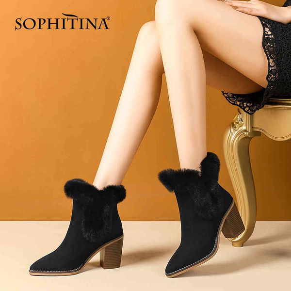 

sophitina winter warm fur ankle boots woman long plush genuine leather suede pointed toe high square wooden boots po840 210513, Black
