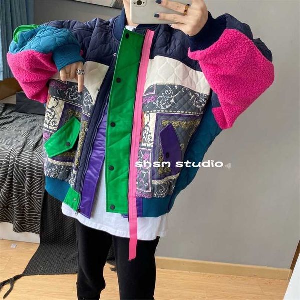 

eu south korea patchwork assorted winter thickened cotton padded loose zip stand collar baseball uniform coat women 211216, Black