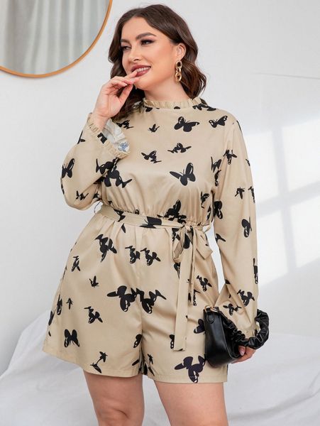 

plus butterfly print frilled belted romper t3gm#, Black
