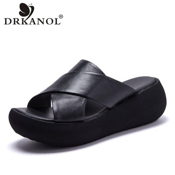 

slippers drkanol fashion summer women wedges cross genuine leather fish mouth slip on platform beach outside slides, Black
