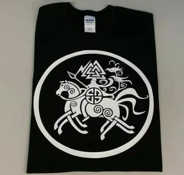 

viking odin riding sleipiner huginn muninn ravens shirt norse valhalla t shirt, White;black