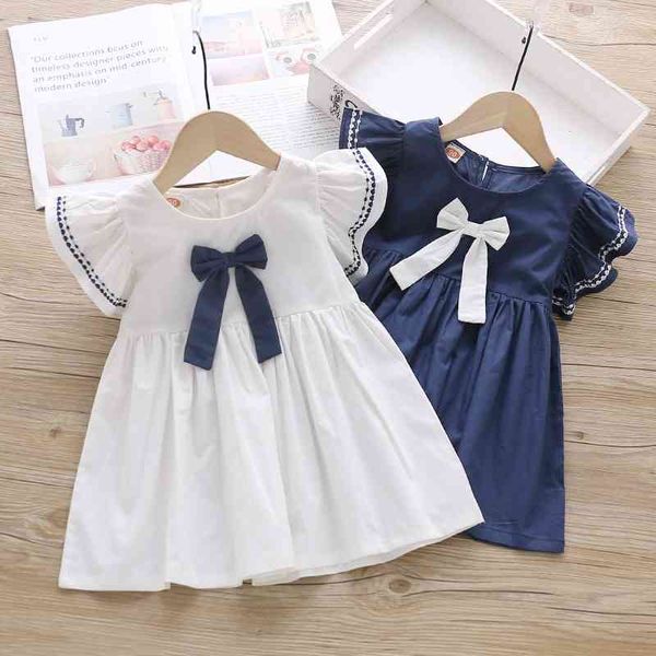 Çocuk Giysileri Moda Bebek Kız Elbise Yaz Diz Boyu Kısa Kollu Yay Elbise Kız Beyaz Donanma Çocuklar Kızlar için Elbiseler 210713