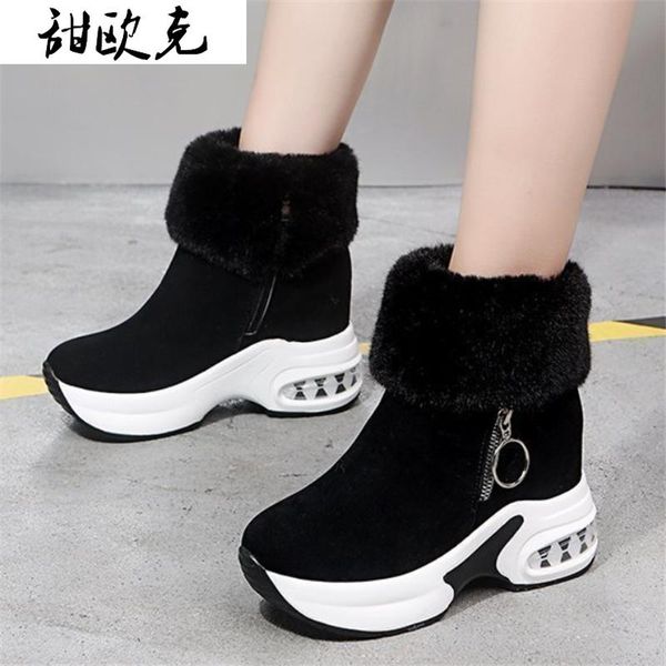 

boots 2021 women ankle boot fashion warm plush winter snow retro zipper for platform botas mujer shoes, Black