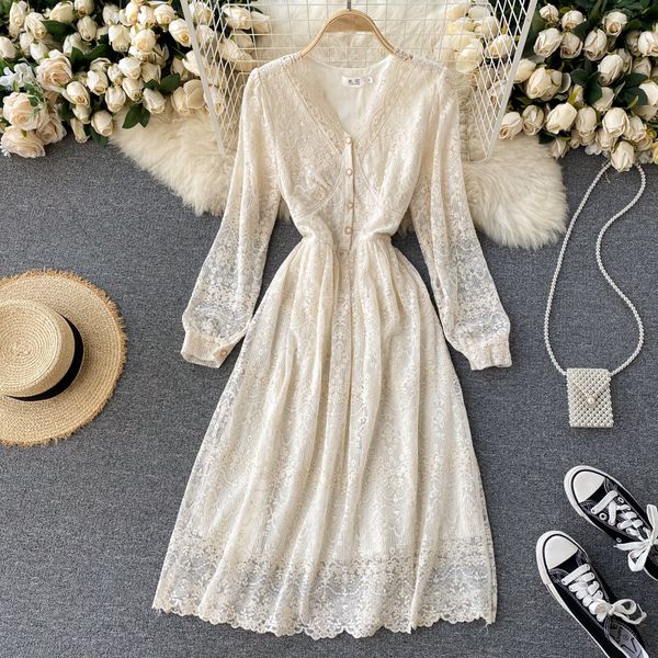 

singrain french sweet lace dress women chic elegant solid button v neck puff sleeve dress autumn a-line streetwear midi dresses, Black;gray