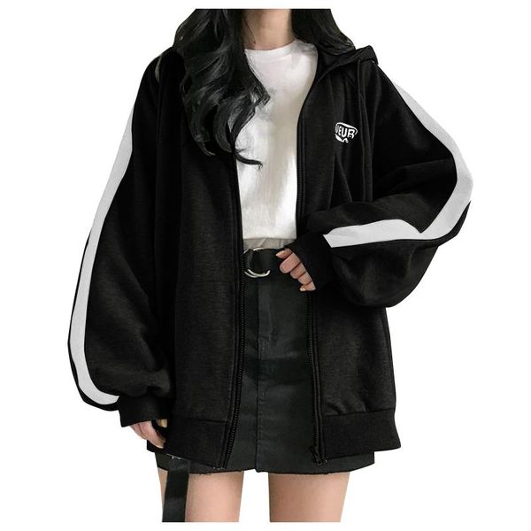 

women's jackets autumn women jacket zipper solid long sleeve coat female black punk bomber outwear loose hooded sweatshirt teen girls, Black;brown