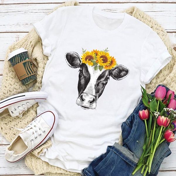

graphic heifer cow sunflower womens t shirt printed cute summer lady clothing clothes tee female aesthetic, White