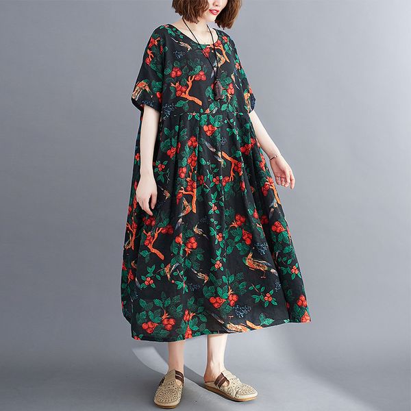 

johnature summer retro print dress o-neck korean loose comfortable short sleeve plus size women vintage casual dresses 210521, Black;gray