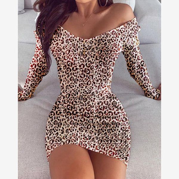 

v neck leopard dress for women plus size autumn long sleeve elegant vestidos package hip bodycon party club mini dresses casual, Black;gray