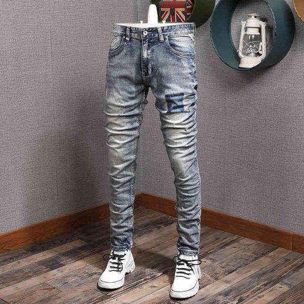

jeans italian style fashion men jeans retro blue wash distressed cotton denim trousers streetwear vintage designer pants