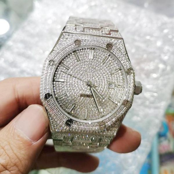 

wristwatches shiny silver iced out watch swiss eta movement sapphire glass glide smooth second hand watches, Slivery;brown