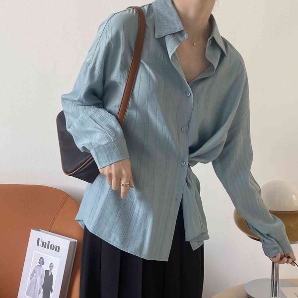 

women's & faux leather irregular with shirt spring 2021 solid turn-down collar vintage long sleeve and female blouse, Black