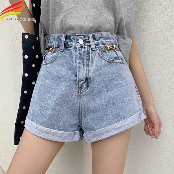 

summer women's denim shorts with high waisted wide leg loose crimping sky blue street style sequined jean shorts female 210625, White;black