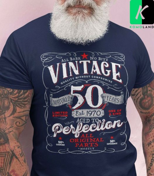 

50th birthday gift vintage 1970 aged to perfection mostly original parts t-shirt, White;black