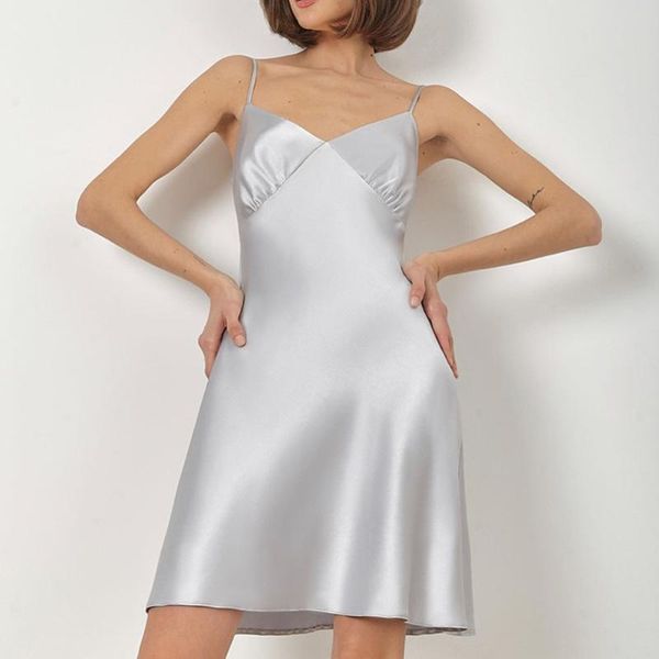 

casual dresses summer elegant women spring solid strap pajamas homewear female dress deep v neck party silk satin clothes, Black;gray