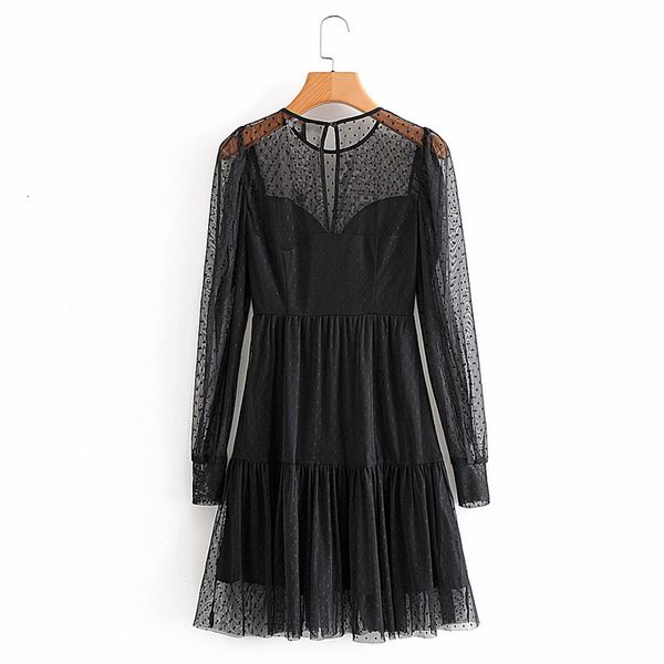 

skirts long sleeve round neck polka dot black mesh stitching chic women's see-through retro harajuku cute female dress
