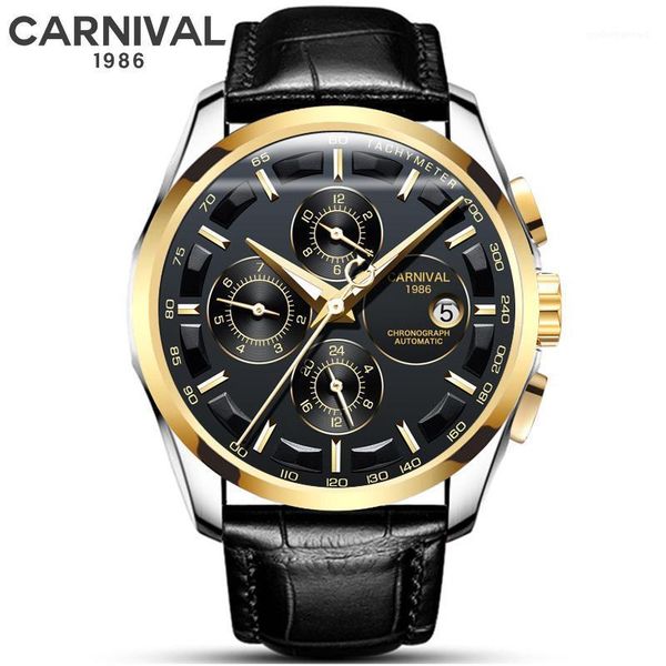 

hands auto date 24 hour display watch men fashion leather strap mens mechanical watches carnival clock waterproof wristwatch wristwatches, Slivery;brown