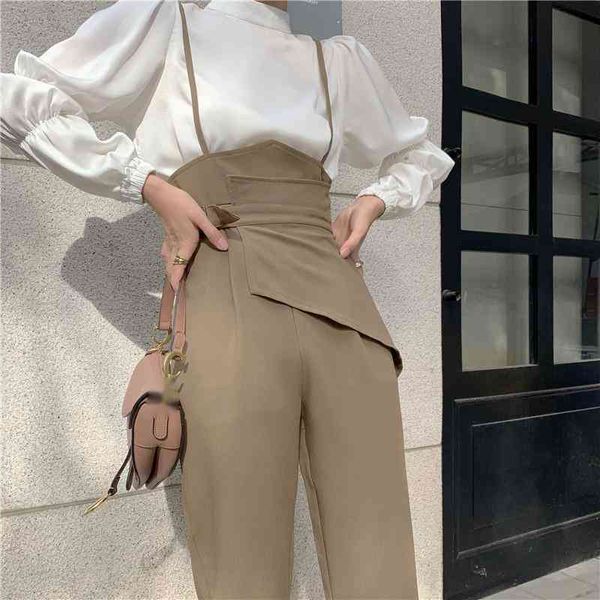 

[eqw] high waist elegant ol overalls straps straight jumpsuits suspenders casual loose pants trousers wide-leg women 210510, Black;white