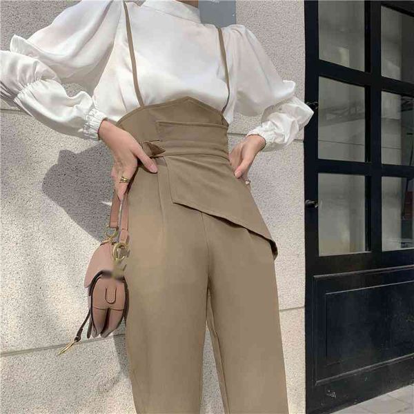 [EQW] Cintura alta Elegante OL Macacões Correias Reta Jumpsuits Suspcionistas Casuais Calças Soltas Calças Wide-Leg Women 210510